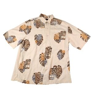 Tori Richard Shirt Mens Large Silk Hawaiian‎ Aloha Tiki Print Button Front Beige